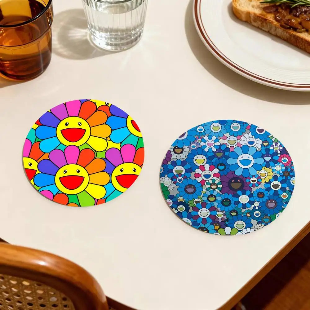 Cute T-Takashi Flowers M-Murakami Round Wooden Coasters Suitable For Restaurants And Coffee Home Gift Choice Holidays