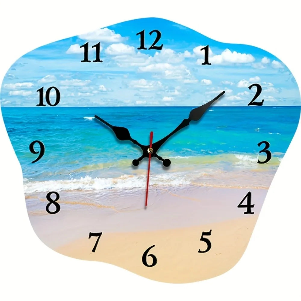 One Pack, Irregular Shaped Silent Wall Clock with Seaside Blue Sky and White Clouds Pattern, Suitable for Home Bedroom Gift Deco