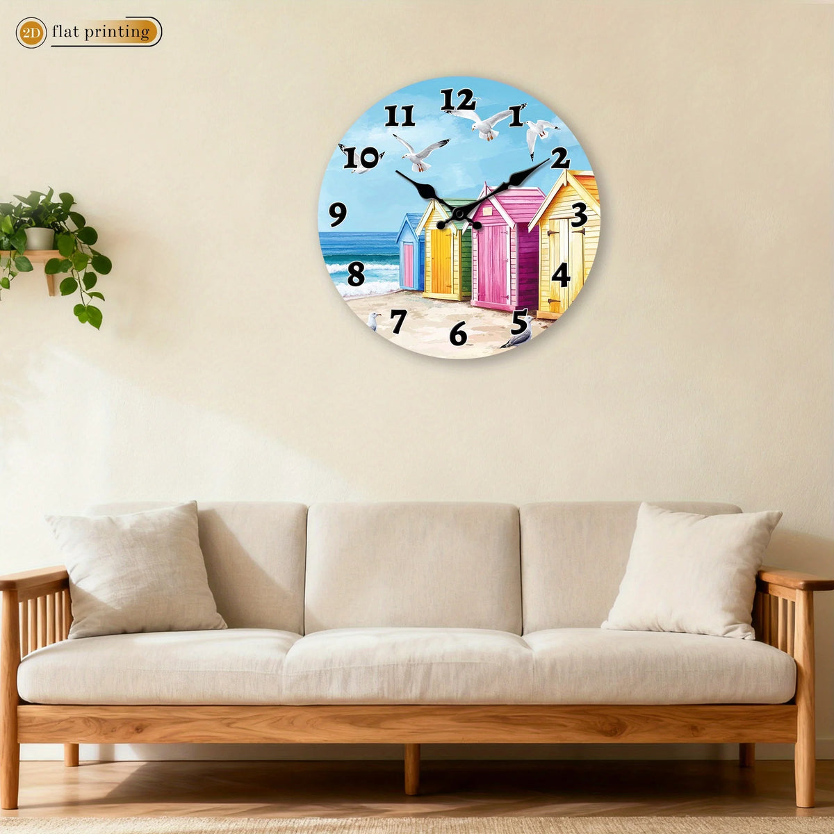1pc Beach Huts with Seagulls, Wooden Home Wall Clock- 2D Flat Printed Silent Scan Clock, Christmas and Valentine's Day Decorations, Suitable for Restaurant and Kitchen Decoration, The Perfect Birthday and Housewarming Gift, 2