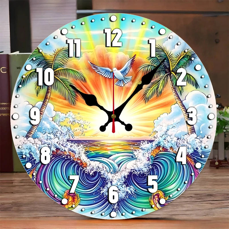 Multi Style Beach Wooden Round Silent Hanging Wall Clock,Suitable For Living Room,Office,Study Room,Bedroom,Home Decoration