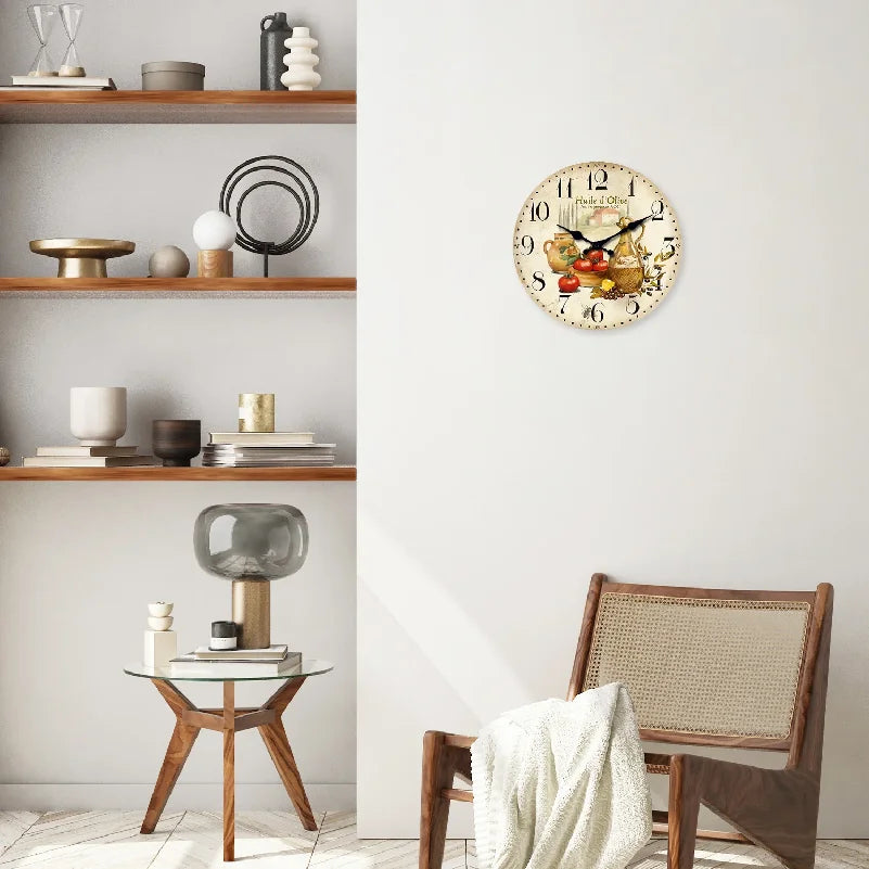 Vintage Provence Olive Oil and Tomato Pattern Wooden Wall Clock Living Room 10-Inch 12-Inch 14inch  (No Battery)