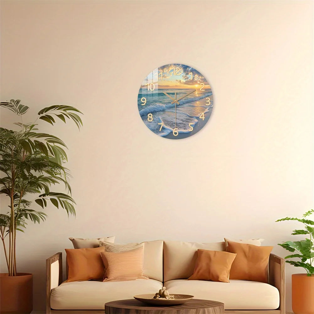 Wall Clock, Nature Theme Beach Sunset Pattern Design, Tempered Film Veneer Silent, Suitable for Living Room Bedroom Beach House Decor, Ideal for Summer Holiday Gifts, Battery Powered (Excluding AA Battery), 1pc