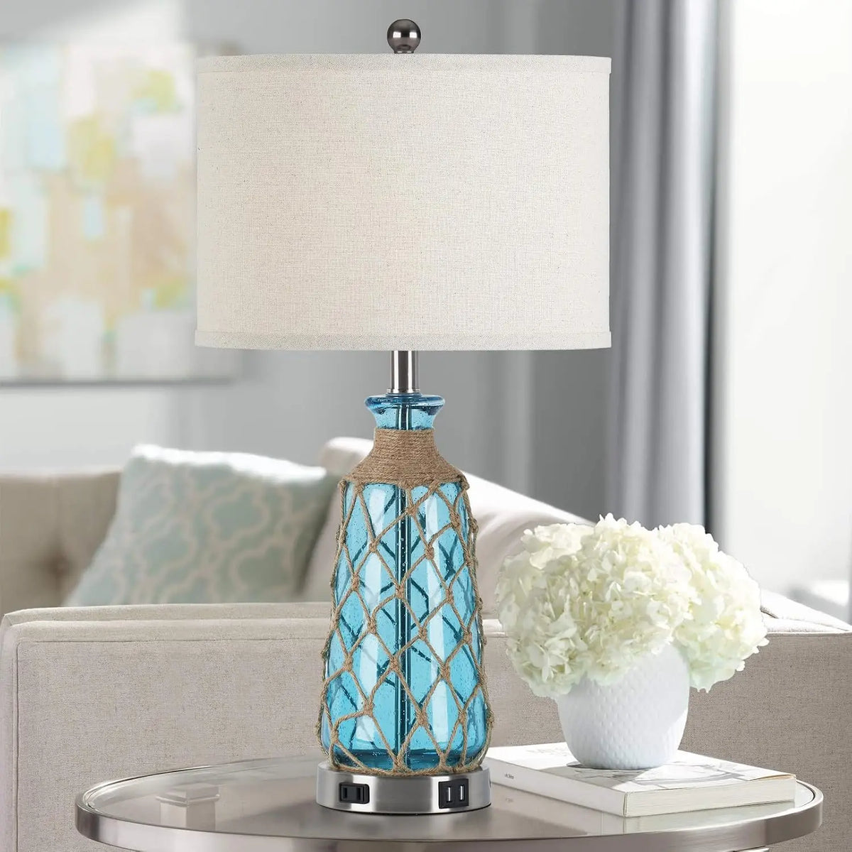 25.5 Coastal Glass Table Lamps Set of 2 3 Way Dimmable Touch Control Bedside Lamps 2 Usb Ports Ac Outlet Blue Nautical Nightstan