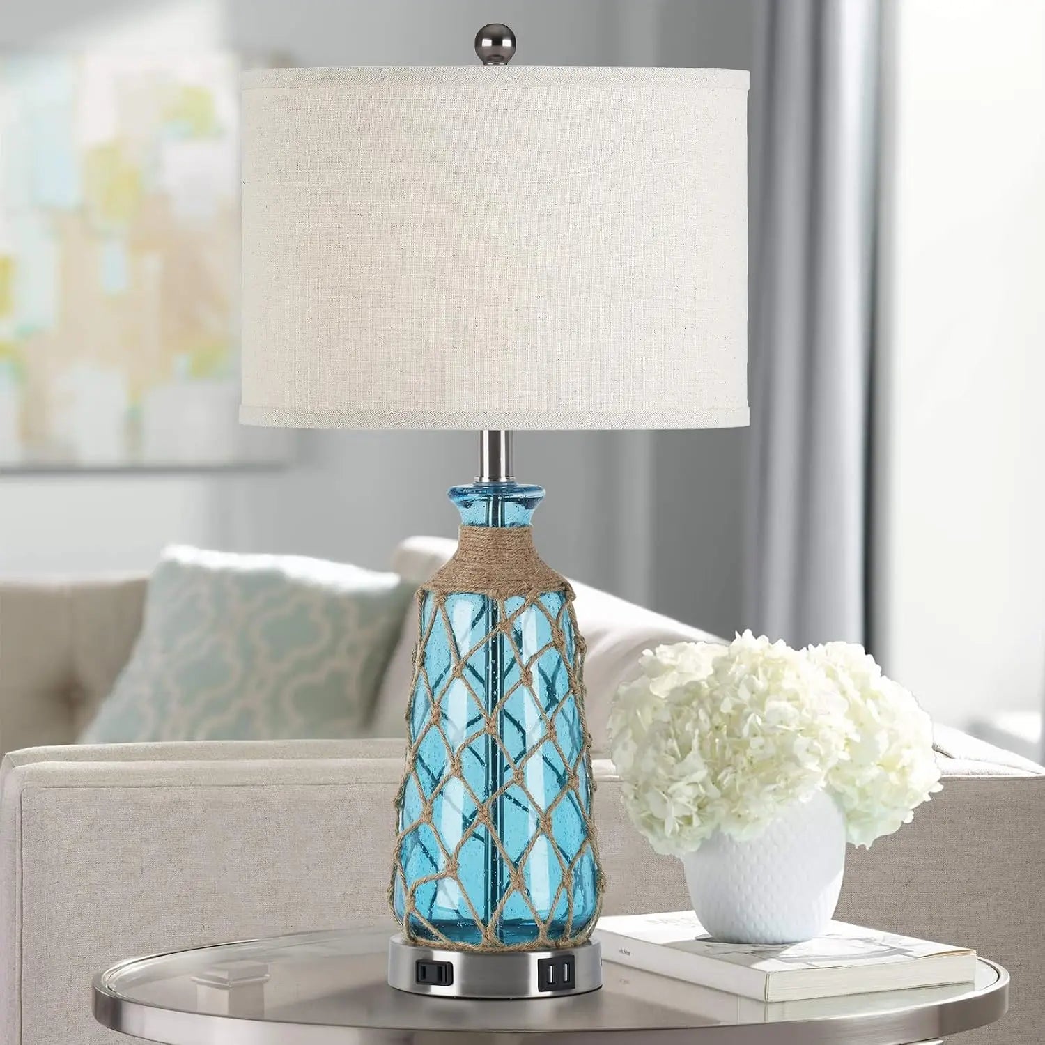 25.5 Coastal Glass Table Lamps Set of 2 3 Way Dimmable Touch Control Bedside Lamps 2 Usb Ports Ac Outlet Blue Nautical Nightstan