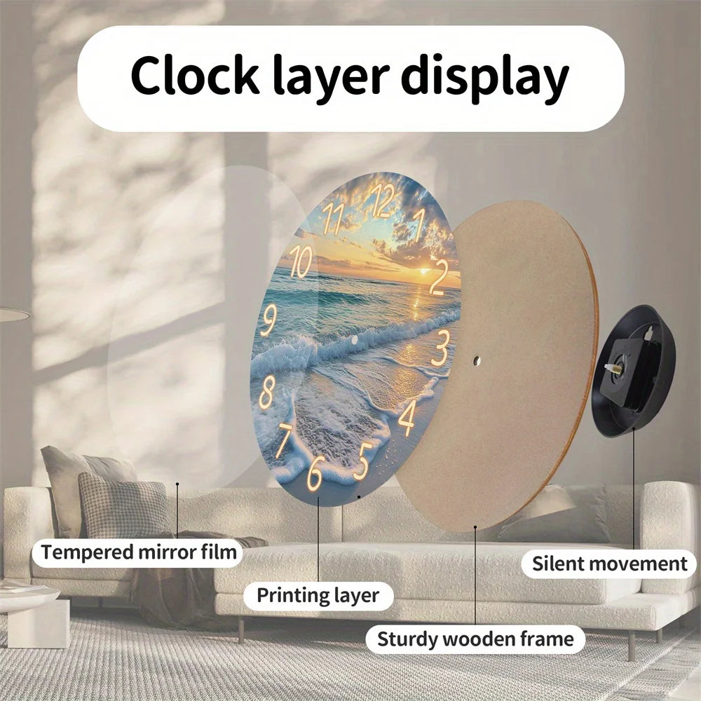 Wall Clock, Nature Theme Beach Sunset Pattern Design, Tempered Film Veneer Silent, Suitable for Living Room Bedroom Beach House Decor, Ideal for Summer Holiday Gifts, Battery Powered (Excluding AA Battery), 1pc