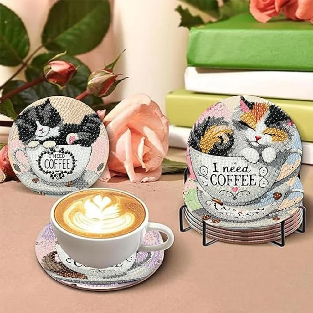 8 Pieces of Diamond Art Painting Coasters with Brackets, DIY Cat Patterned Diamond Art Coasters, Suitable for Both Adults and Be