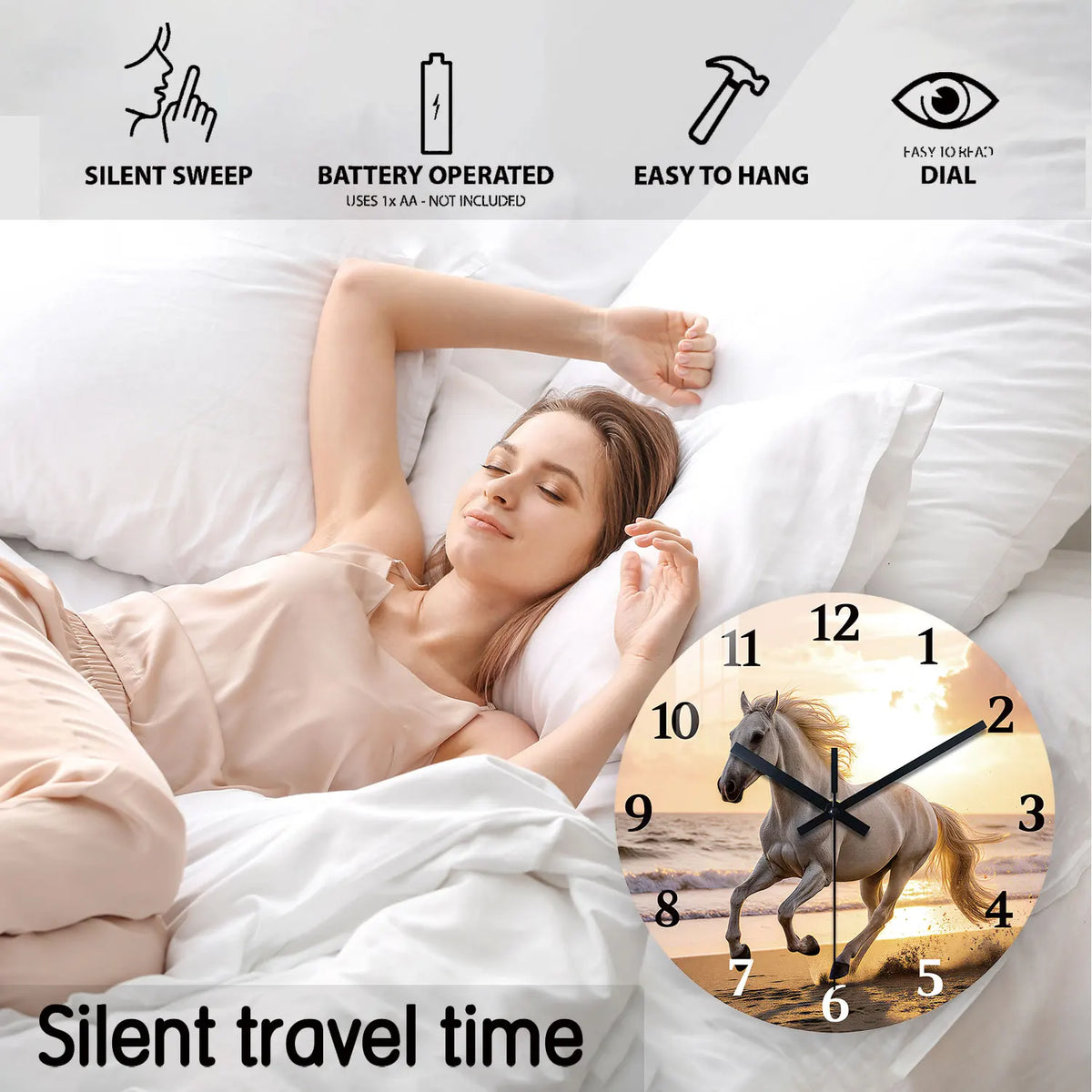 Wooden Wall Clock with Galloping Horse and Sunset Beach Pattern, 10-24inch Silent Wall Clocks, Aa Battery Powered, Suitable for Living Room, Bedroom, Office, (Batteries Not Included), Mother's Day, Easter, April Fool's Day