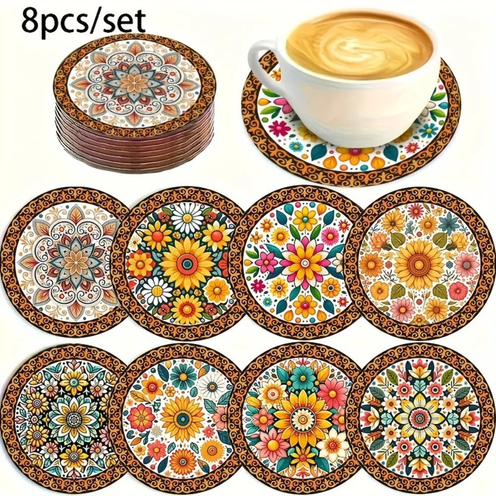 6/8Pcs/set Wooden Placemat Set Design Circular Gathering Family Party Desktop Decoration Wooden Crafts Home Table Linen Coaster