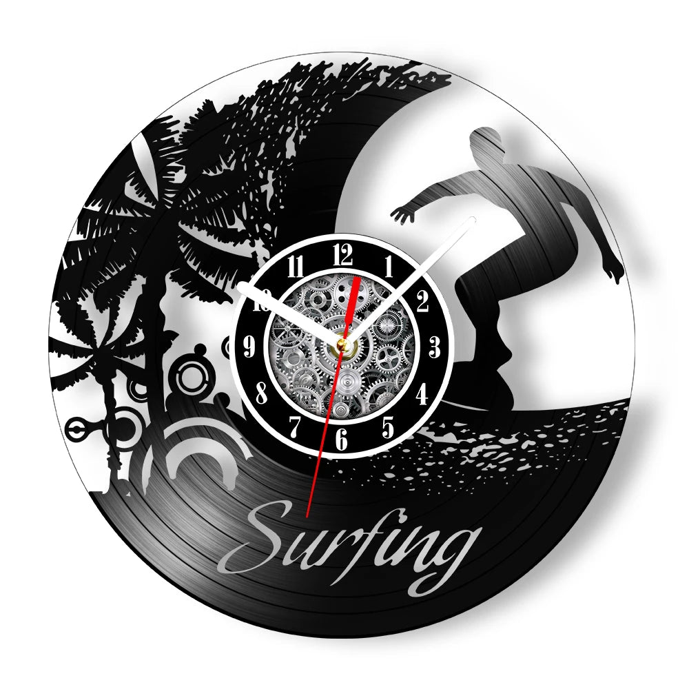 Water Sport Surfing Vinyl Record Wall Clock Sea Wave Coastal Landscape Wall Art Handicraft Carved Music Album Clock Surfer Gifts