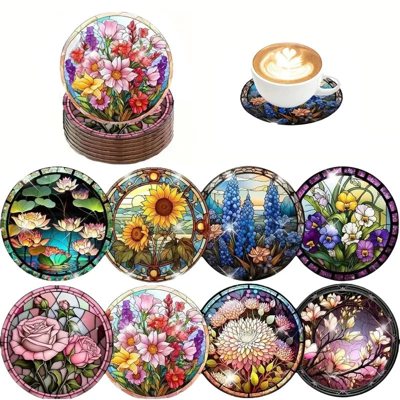 8 Sets of Floral Patterned Wooden Anti-Slip Coasters, Suitable for Bar and Cafe Decoration Anti-Slip Coasters