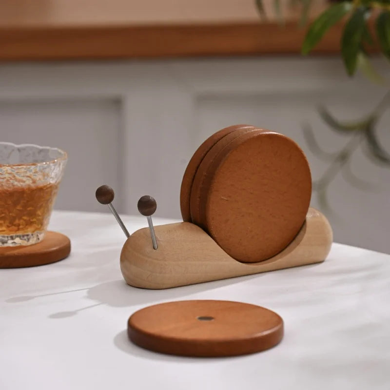 Wooden Coaster Set with Holder Snail Shaped Heat Resistant Drink Coasters for Coffee Tea Mugs Glasses Small Bowls Home Decor