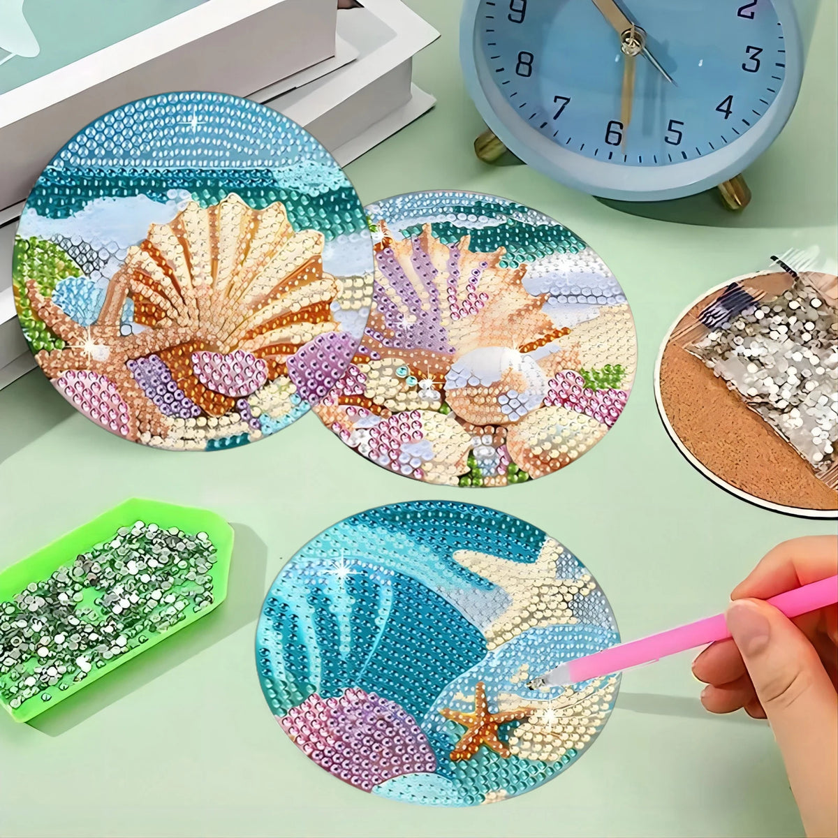 6 Pieces/Set of Beach Scenery Pattern Diamond Painted Wooden Coasters, DIY Creative Diamond Painted Coasters, Holiday Gifts