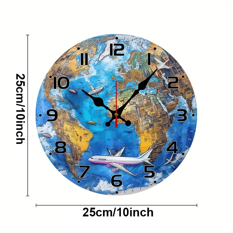 World Map Wooden Round Silent Hanging Wall Clock, Suitable For Living Room, Office, Study Room, Bedroom, Home Decoration.