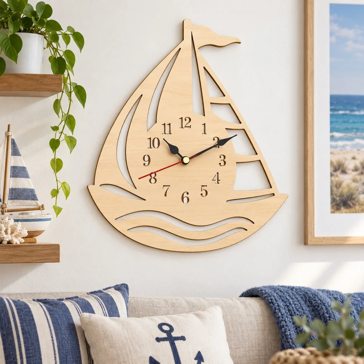 Wooden Sailboat Wall Clock, Nautical Coastal Home Decor, Beach House Wall Art, Ocean Theme Room Decor, Rustic Marine Clock