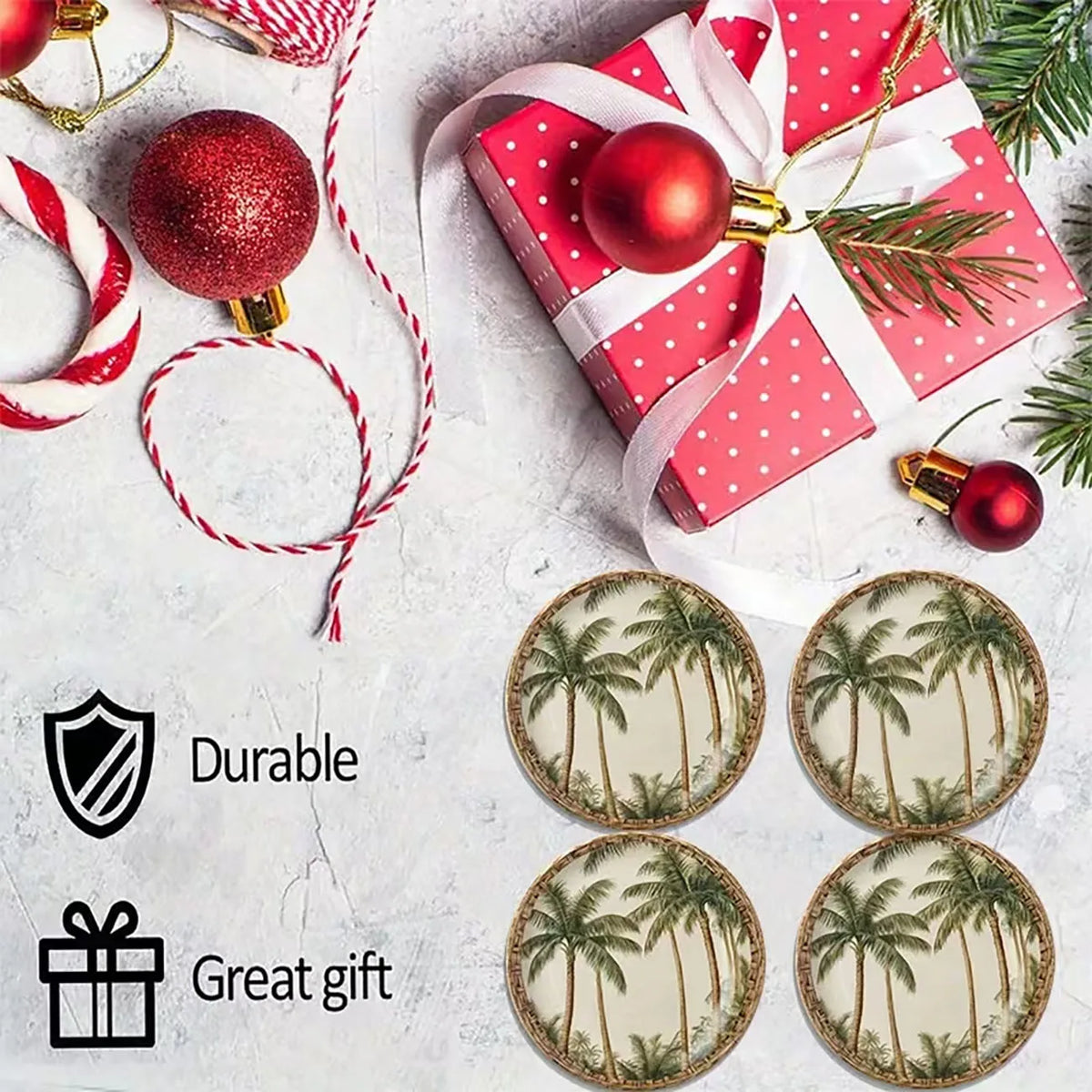 4Pcs Coastal Style Wooden Coasters, Tropical Palm Tree Coasters for Bar & Home Use
