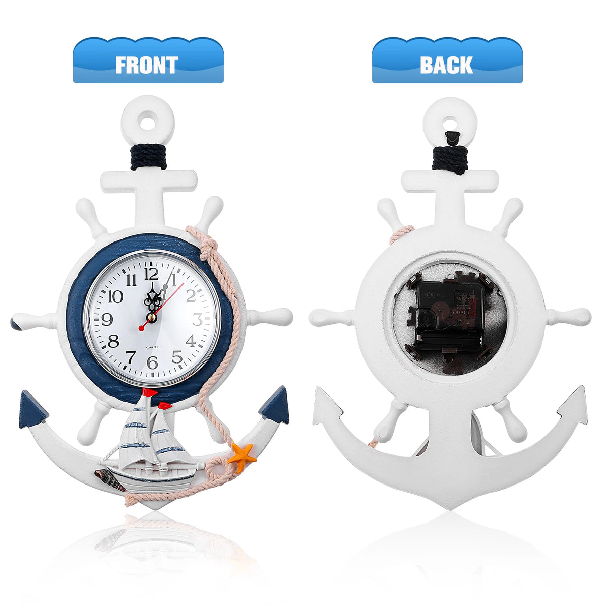 Rudder Anchor Wall Clock Mediterranean Decor Hanging Clock Seaside Nautical Wood Bedroom Waterproof AntiOxidation