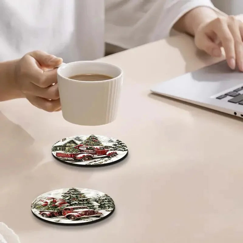 6 Pieces/Sets of Christmas-Style Patterned Printed Wooden Anti-Slip Coasters, Suitable for Beginners and Adults as Gifts