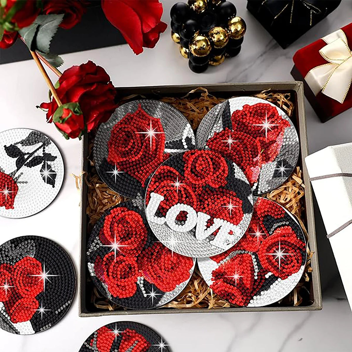 8 Pieces/Set Rose and Diamond Painting Coaster Set, DIY Coaster with Holder, Beginner and Adult Diamond Craft Gift