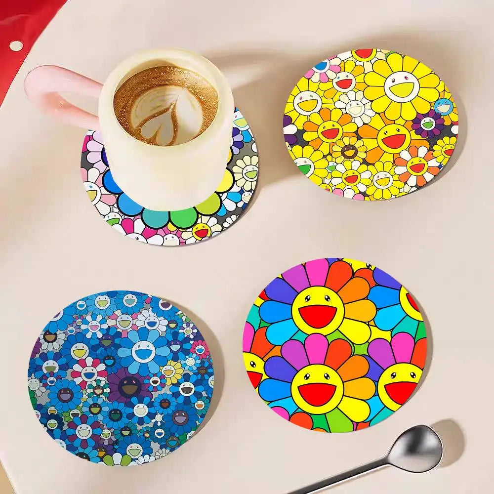 Cute T-Takashi Flowers M-Murakami Round Wooden Coasters Suitable For Restaurants And Coffee Home Gift Choice Holidays