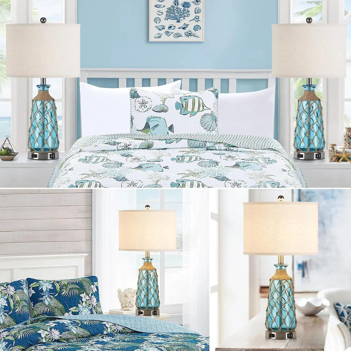 25.5 Coastal Glass Table Lamps Set of 2 3 Way Dimmable Touch Control Bedside Lamps 2 Usb Ports Ac Outlet Blue Nautical Nightstan