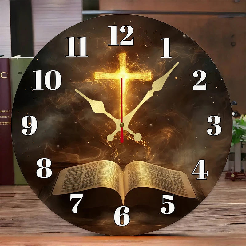 Flame & Open Book Wooden Round Silent Hanging Wall Clock, Suitable For Living Room, Office, Study Room, Bedroom, Home Decoration