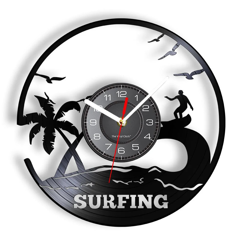 Water Sport Surfing Vinyl Record Wall Clock Sea Wave Coastal Landscape Wall Art Handicraft Carved Music Album Clock Surfer Gifts