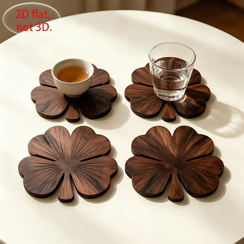 2D Flat Clover Wooden Coasters, 4pcs Walnut-Colored Coasters, Luxurious Desktop Protection Coaster Set for Coffee And Tea Cups