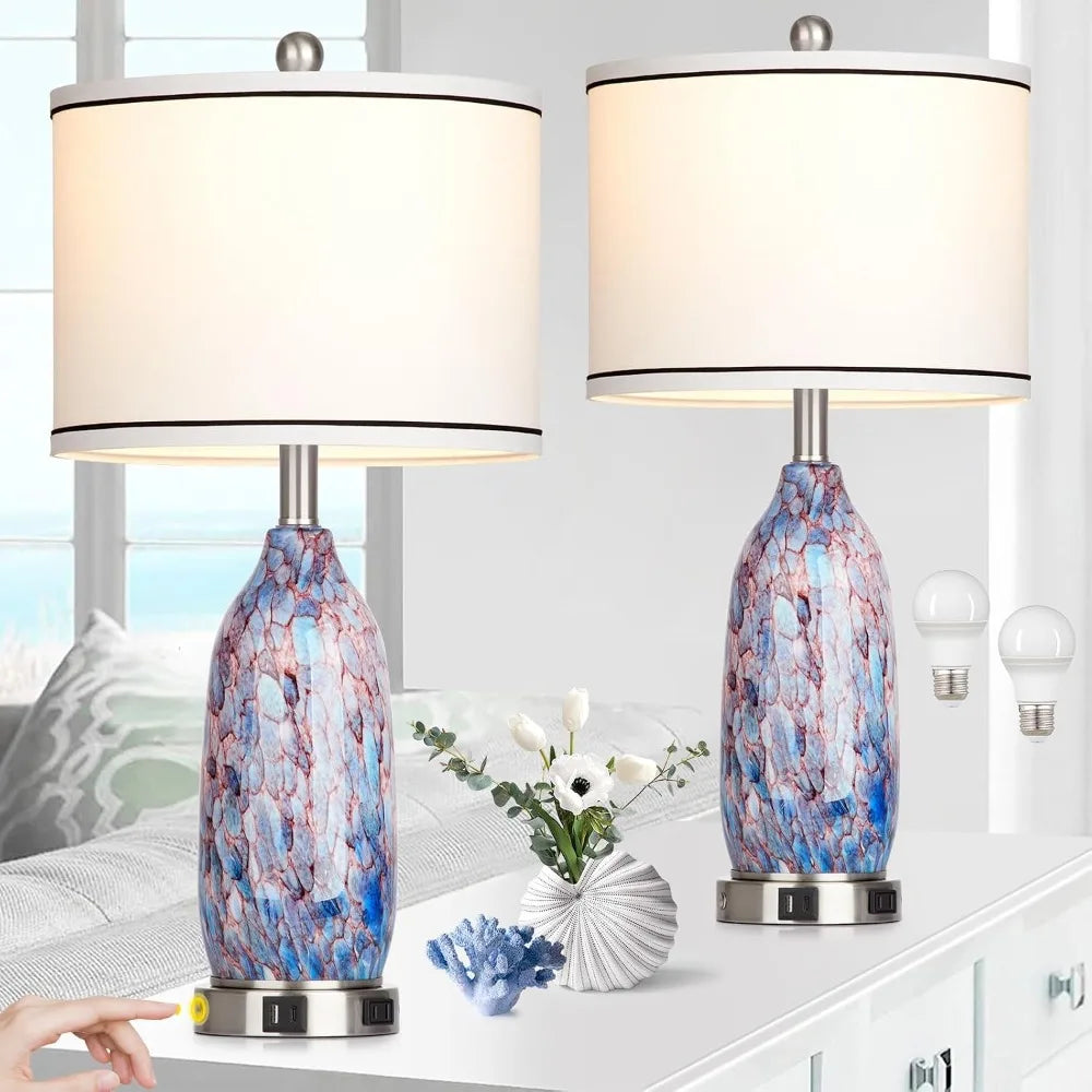 26" Coastal Glass Table Lamps Set of 2, Nautical USB A+C Ports, AC Outlet, 3-Way Dimmable Touch