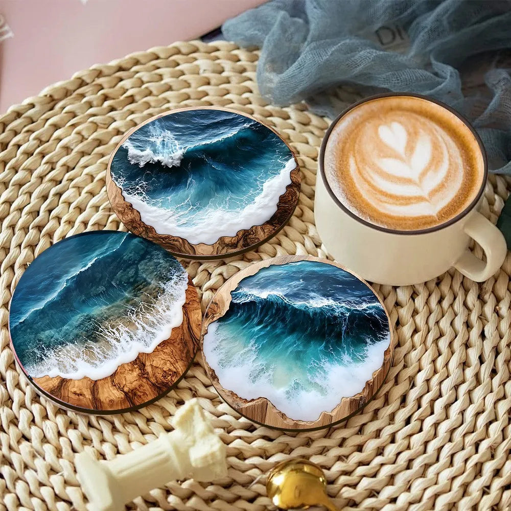 8/4pcs ocean beach pattern printed wooden coasters, heat-insulating protective mats, suitable for water bottles, cafes, offices, kitchens, restaurants, birthday gifts