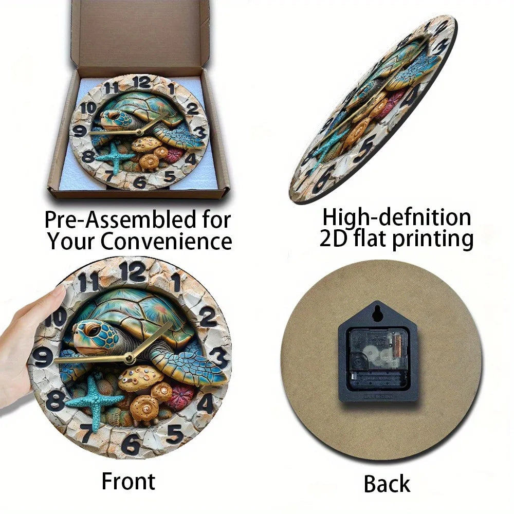 Wooden Wall Clock with a Sea Turtle and Seashells Pattern, Ideal for Coastal or Nautical Themed Rooms, Uses AA Batteries