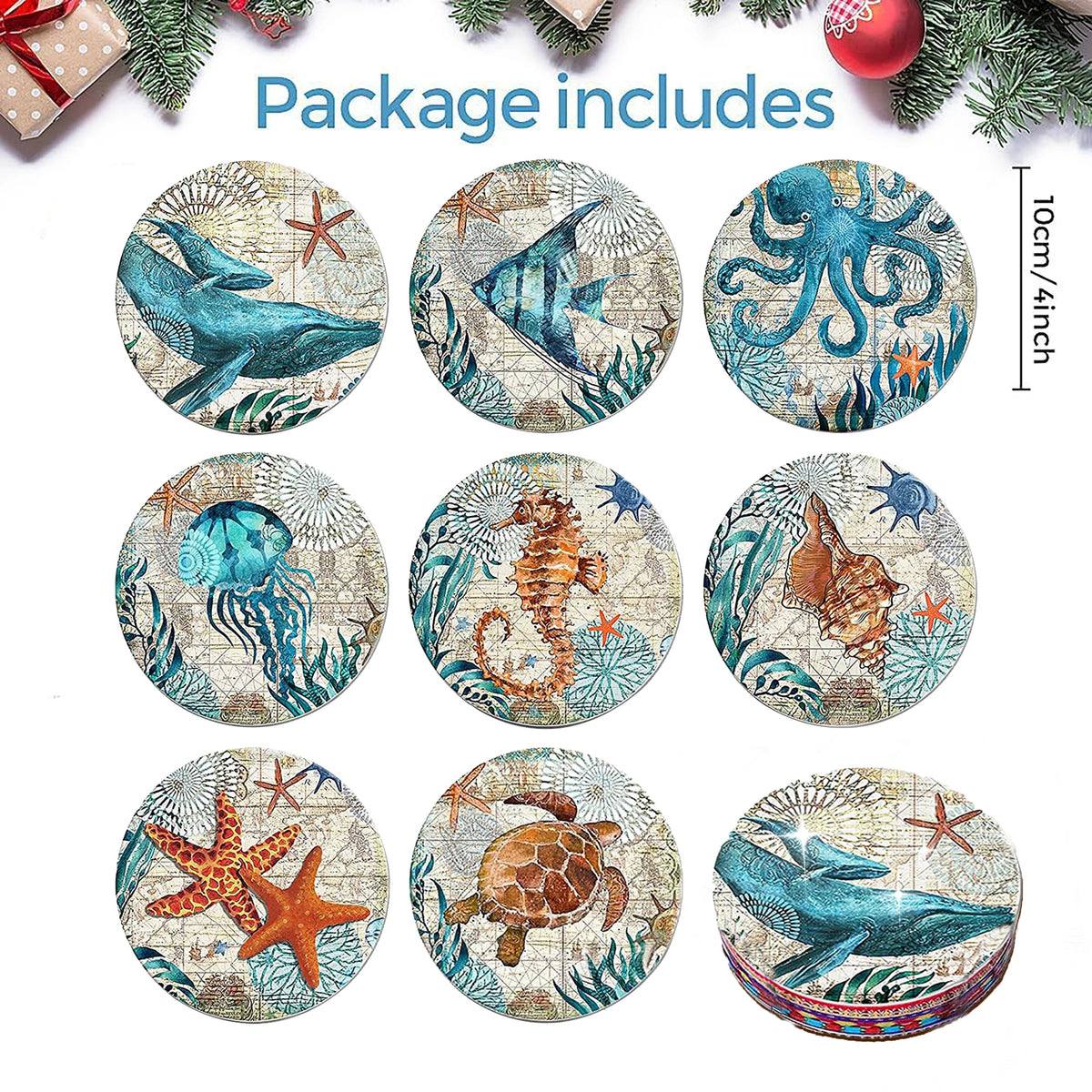 The 8-Piece Set of Anti-Slip Wooden Coasters for Marine Animals Is Suitable for Kitchens and Dining Rooms