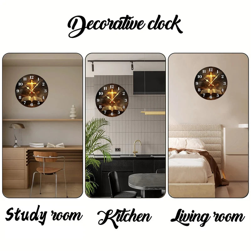 Flame & Open Book Wooden Round Silent Hanging Wall Clock, Suitable For Living Room, Office, Study Room, Bedroom, Home Decoration