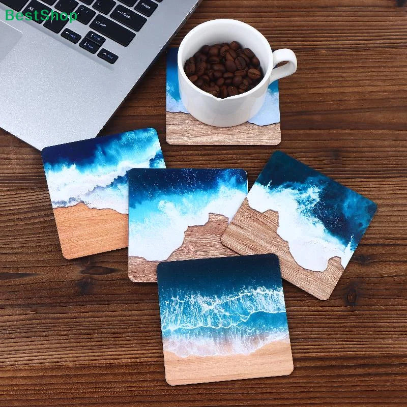♥5-Pack Ocean Wave Resin Coasters - Beach Themed Wooden Base Drink Coasters for Home & Office