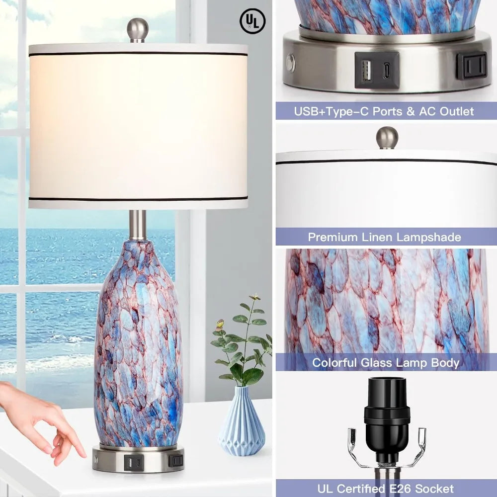 26" Coastal Glass Table Lamps Set of 2, Nautical USB A+C Ports, AC Outlet, 3-Way Dimmable Touch