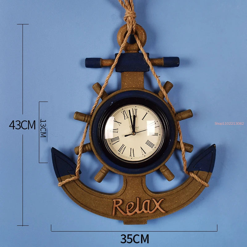 Mediterranean Retro Style Anchor Wall Clock Wooden Rudders Silent Hanging Clocks Coffee Bar Home Decorations