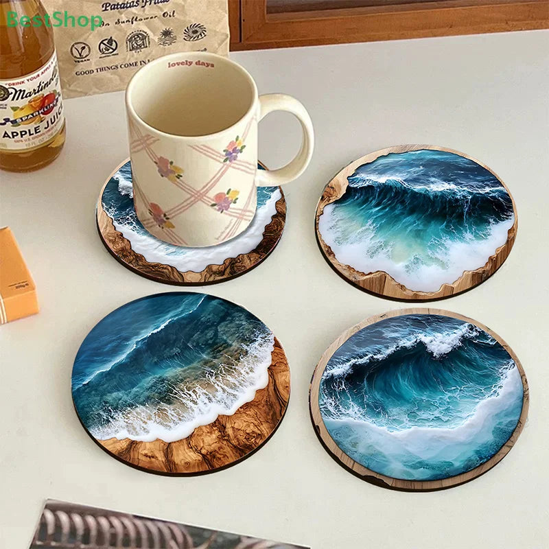 Blue Ocean Round Wooden Coasters & Placemats Set - Home, Cafe, Party Table Decor, Durable Drink Coasters For Stylish Dining
