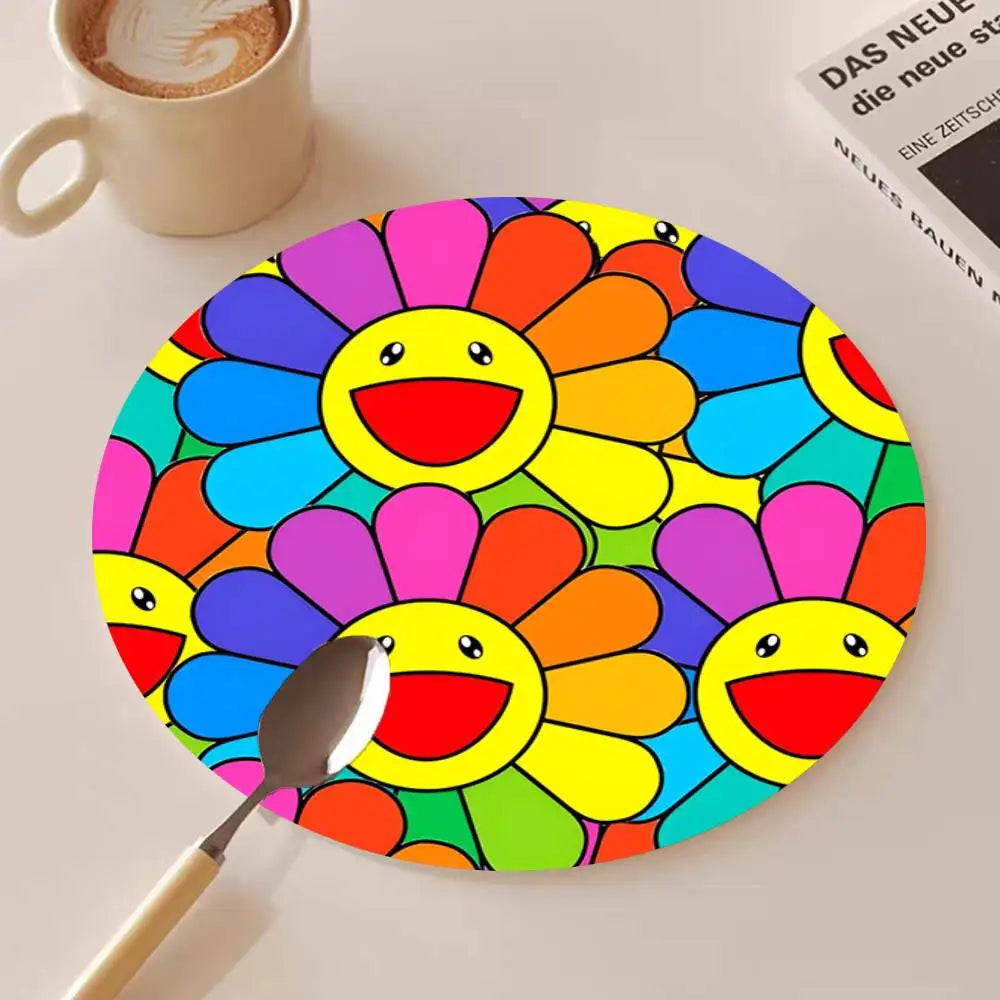 Cute T-Takashi Flowers M-Murakami Round Wooden Coasters Suitable For Restaurants And Coffee Home Gift Choice Holidays