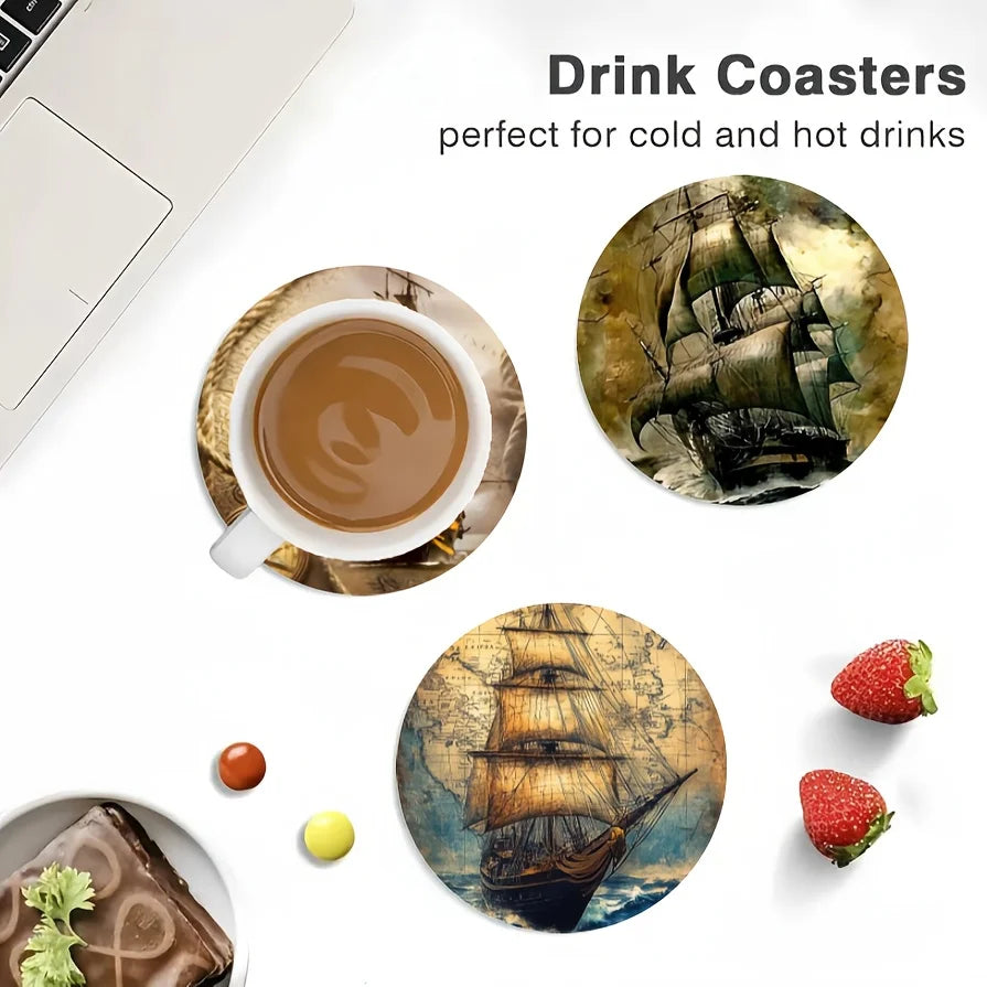 6PCS Retro Classic Pirate Ship Themed 2D Flat Wooden Coasters Tea Cups Coffee Cups Decorative Home Dining Room Bar Hotel Items