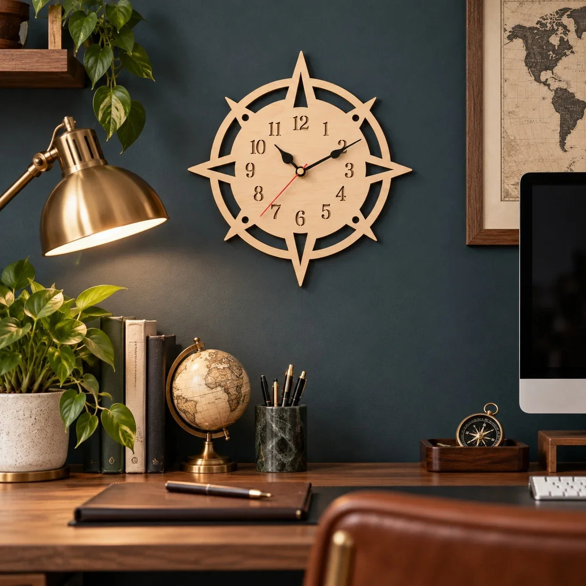 Wooden Compass Wall Clock, Nautical Coastal Home Decor, Laser Cut Wood Clock, Rustic Beach House Clock, Unique Housewarming Gift