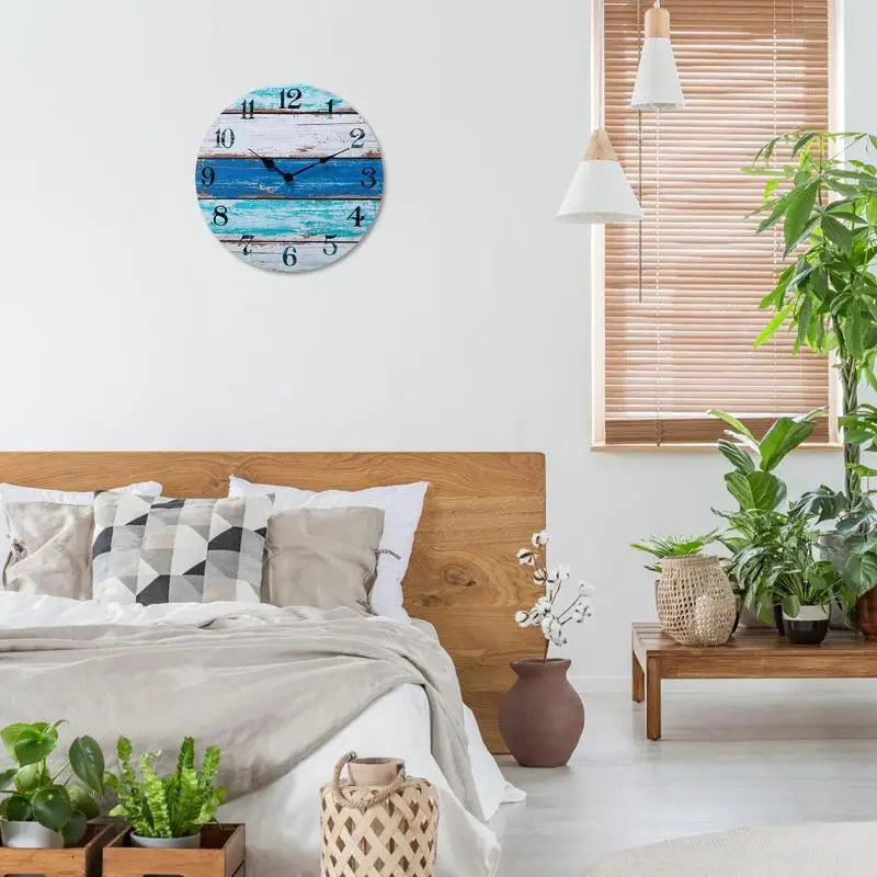 Beach Blue Wall Clocks Non Ticking Vintage Rustic Coastal Clock for Girl Boy Bedroom Bathroom Kitchen Living Room Office