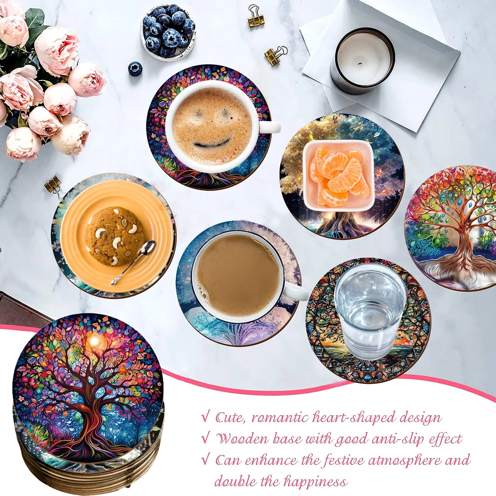 6 Sets of Artistic Painted Wooden Anti-Slip Coasters with Iridescent Tree Patterns, Suitable for Kitchen Decoration