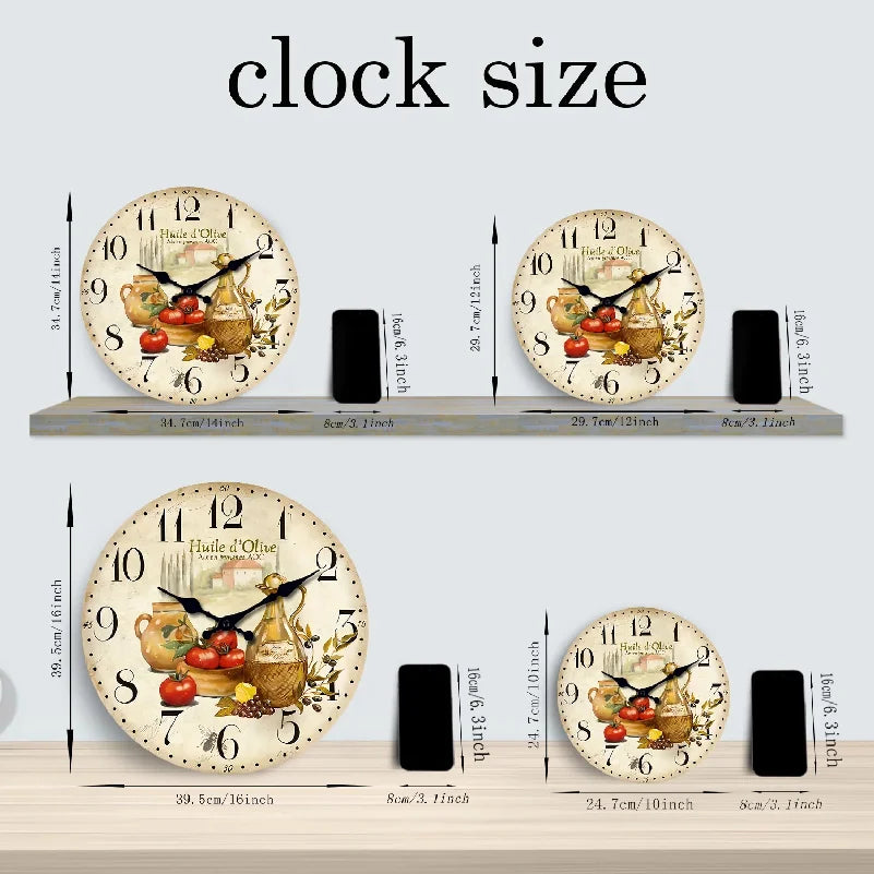 Vintage Provence Olive Oil and Tomato Pattern Wooden Wall Clock Living Room 10-Inch 12-Inch 14inch  (No Battery)