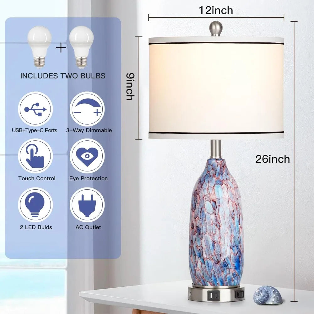 26" Coastal Glass Table Lamps Set of 2, Nautical USB A+C Ports, AC Outlet, 3-Way Dimmable Touch