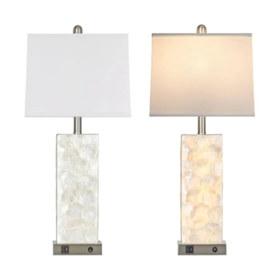 28" Coastal Table Lamps for Living Room, Bedside Lamps with Night Light, USB A+C Ports, Modern Sea Shell Bedside Night Stands L
