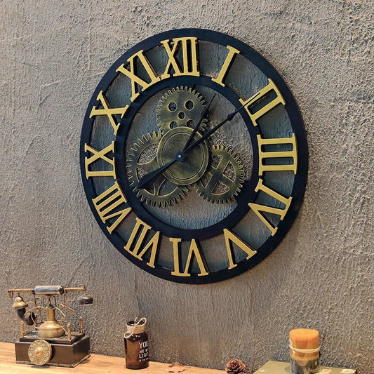 Vintage Gear Wall Clock Industrial Style Wood & Metal Wall Timepiece American Rustic Decor for Bar or Cafe Wall Use - Unique Finds Market LLC