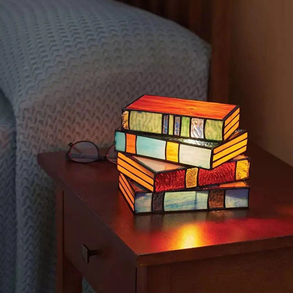 Plastic Stacked Books Lamp Decorative Handicraft Stacked Books Light Stained Glass Table Reading Light Nightstand Desk Lamps