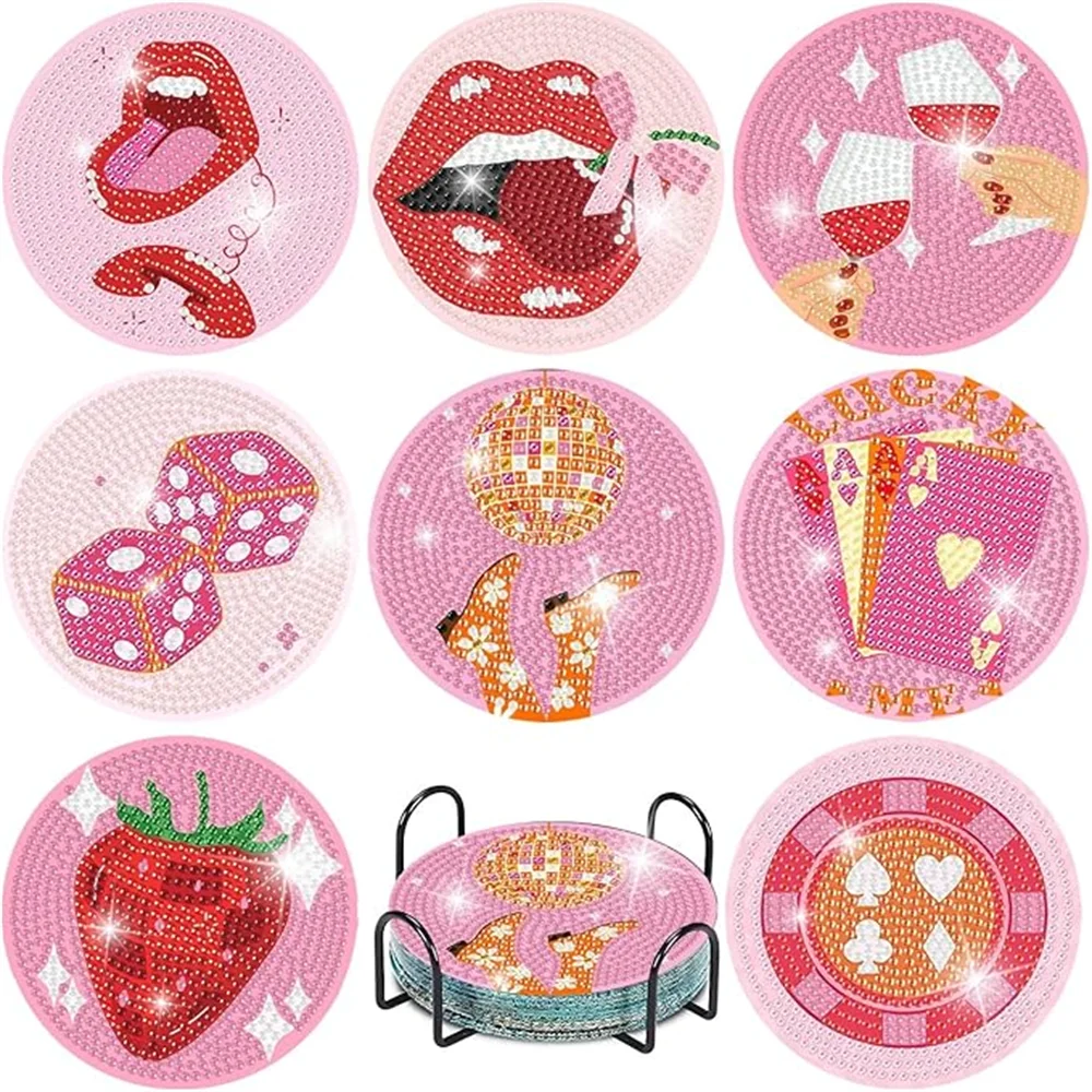 8 Pieces/Set Rose and Diamond Painting Coaster Set, DIY Coaster with Holder, Beginner and Adult Diamond Craft Gift