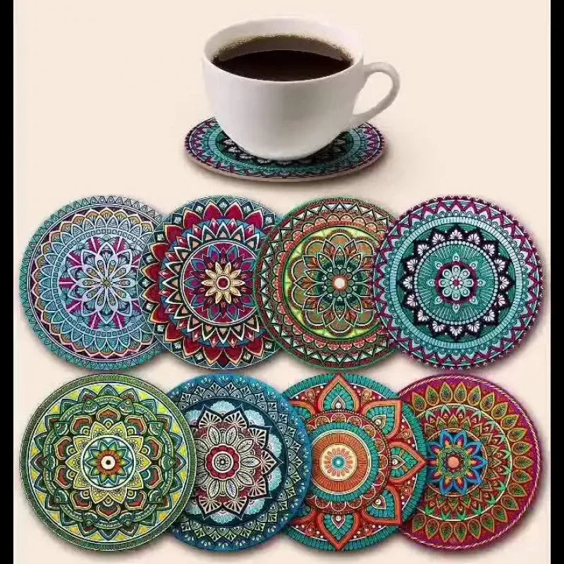 8Pcs Wooden Mandala Coasters, Heat Resistant Cup Mats for Home Bar Office Holiday Party Decoration