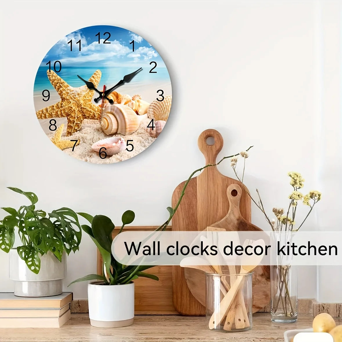 Round Wall Clock/Beach And Shell Theme/Silent Operation Without Ticking/Perfect for Home Decoration During Holidays And As a Gift