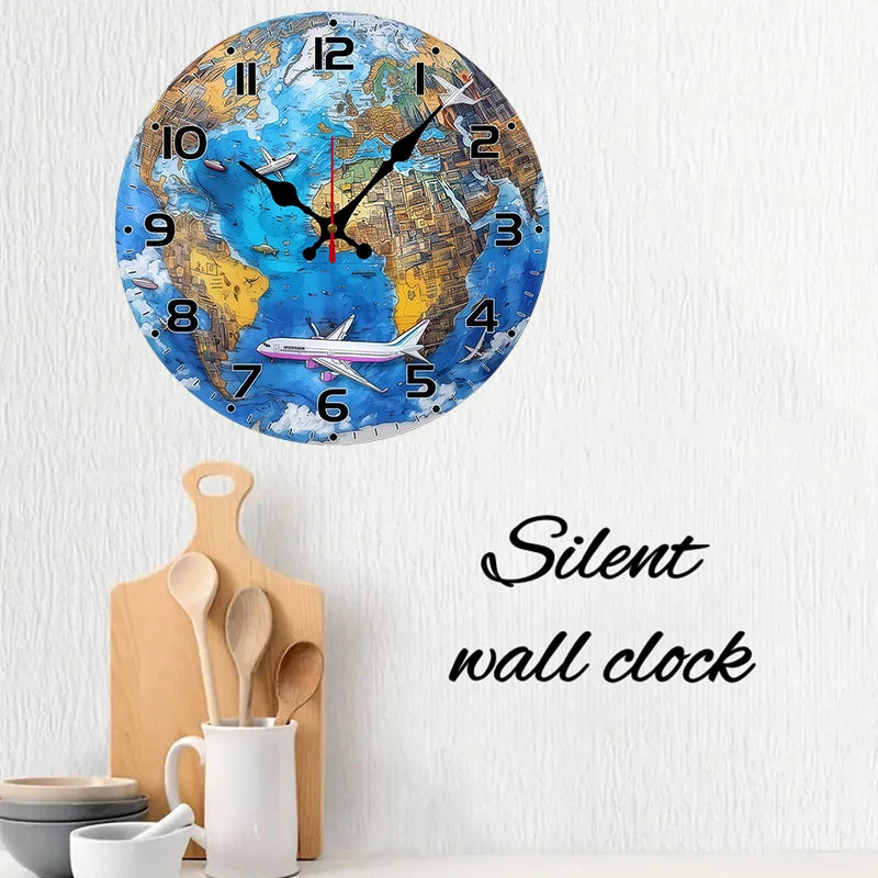 World Map Wooden Round Silent Hanging Wall Clock, Suitable For Living Room, Office, Study Room, Bedroom, Home Decoration.